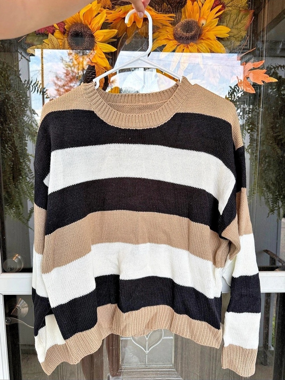 Striped Crewneck Sweater in Black & Beige Size Medium